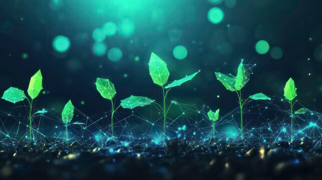 A row of digital green plants grow from the ground with glowing connected lines.