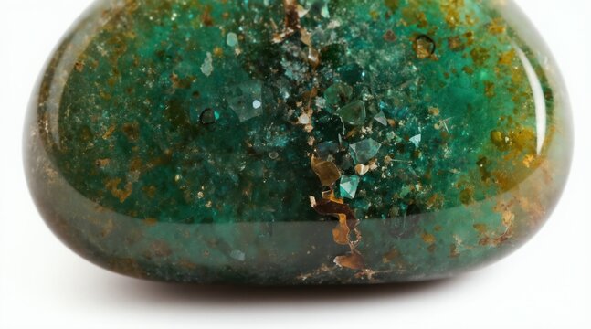 Macro view of polished green Moldavite crystal with golden inclusions and raw facets. Smooth stone shows internal texture and shimmering light reflection. Bohemian gemstone.