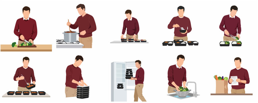 Vector illustration set of a man preparing healthy meals, including chopping, cooking, portioning into containers, and organizing a refrigerator for a weekly meal prep routine.