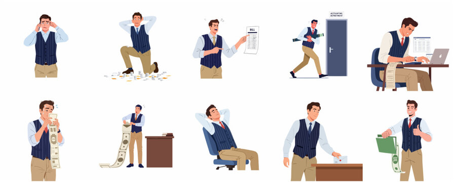 Stressed businessman dealing with financial problems, bills, taxes and money management character set