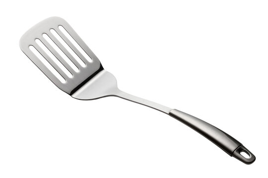 Isolated metal slotted spatula with ergonomic handle, polished kitchen cooking utensil