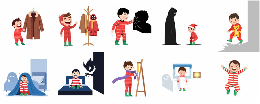 Cute little boy overcoming childhood fears and nightmares cartoon illustration set