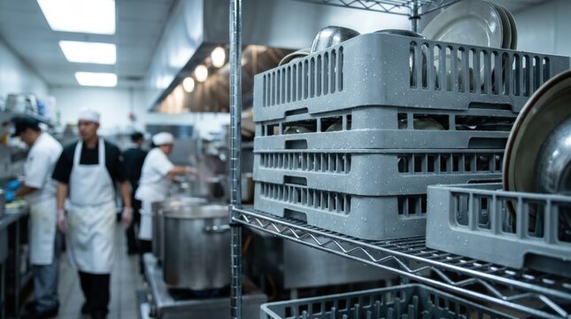 Stacked grey plastic dish racks with water droplets sit on a metal shelf in a busy commercial kitchen where professional chefs are preparing food for service
