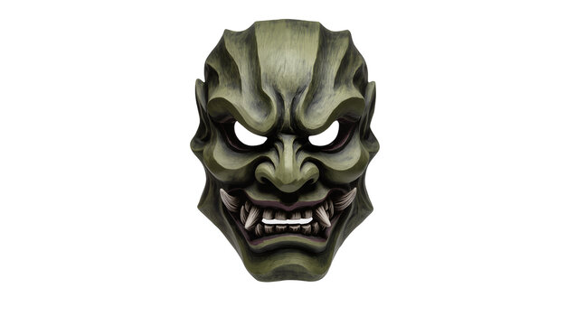 Isolated intricate Japanese demon mask, detailed green cultural art, mythical folklore.