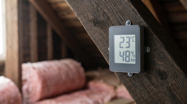 Digital hygrometer and thermometer device mounted on a rustic wooden beam in a residential attic space showing temperature and humidity levels near pink fiberglass insulation rolls