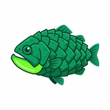 Cartoon illustration of a green armored fish with thick scales isolated on a white background.