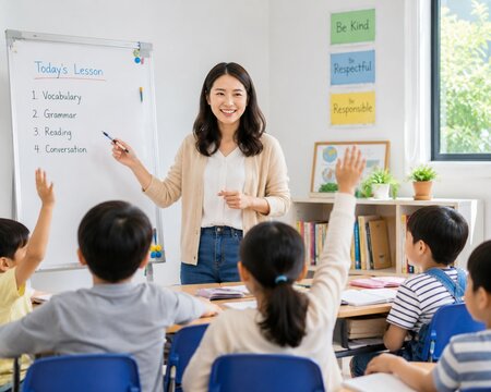 Smiling Asian Female Teacher Teaching English Lesson to Enthusiastic Elementary Students Raising Hands