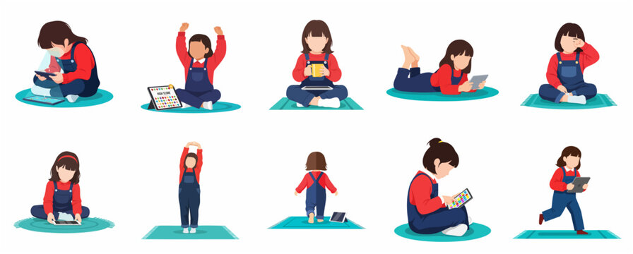 Set of little girl characters using tablet in various poses, digital screen time and internet addiction concept vector illustration