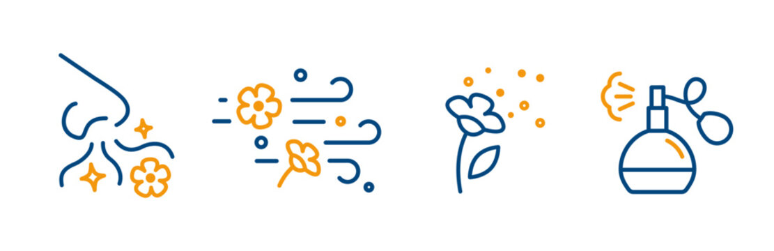 incense icon set, bottle of perfume, inhale the aroma, scent of flowers, sniff nose, outline icons, editable stroke vector illustration