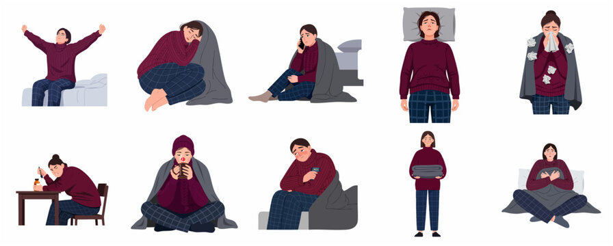 Set of Illustrations of a Sick Woman Experiencing Flu and Cold Symptoms, Fever, Sneezing, and Taking Medicine in Winter