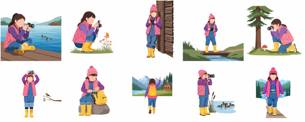Fototapeta premium Little Girl Photographer Exploring Nature and Taking Pictures in Various Outdoor Settings Illustration Set