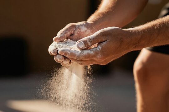 Close-up of hands holding white powder. Athlete applies chalk for grip. Strong man prepares for workout or competition with chalk dust falling.