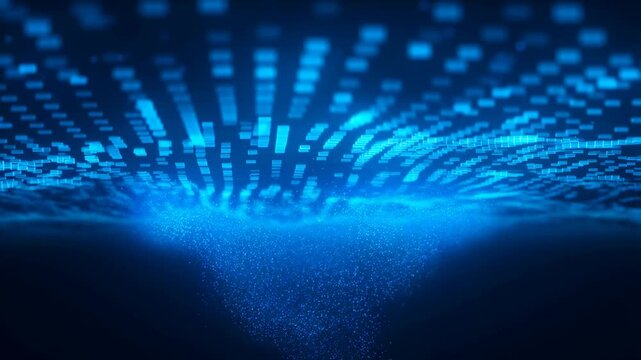 Dynamic blue particles forming digital wave patterns in futuristic animation