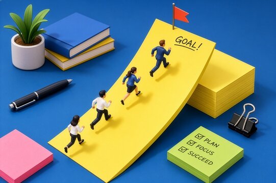3D Miniature Business Team Running Up a Sticky Note Path Towards a Goal Flag, Representing Career Success, Planning, and Teamwork on a Blue Desk