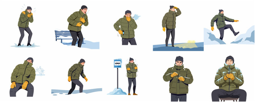 Set of flat vector illustrations depicting a man dealing with various winter struggles, including cold weather, seasonal illness, and travel difficulties.