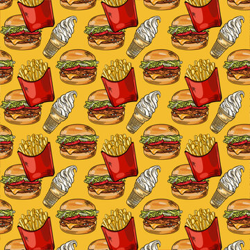 Fast food repeat pattern with burger, fries and ice cream
