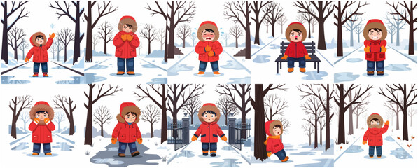 Set of character illustrations of a boy in a red winter parka experiencing different emotions and situations in a snowy park, cold weather concept © Karbeel
