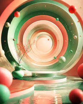 Abstract 3D Circular Scene with Floating Spheres and Minimalist Geometric Design for Modern Backgrounds