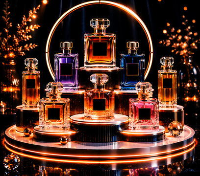 Luxury Perfume Bottles Set on Illuminated Circular Podium with Premium Elegant Fragrance Display Presentation