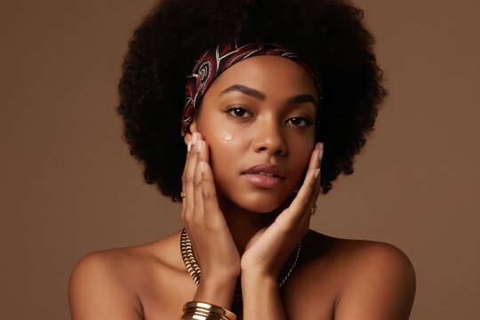 Young woman applies clear balm to her cheek. She has dark curly hair tied with a patterned headband. Her hands gently touch her face. Gold jewelry adorns her neck and wrist.