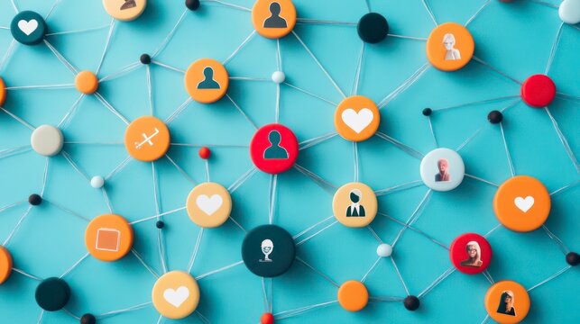 A network of interconnected circles representing people and relationships, with hearts symbolizing connection and love, on a blue background.