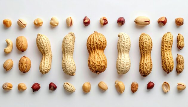 Assortment of various nuts and peanuts arranged in rows on white