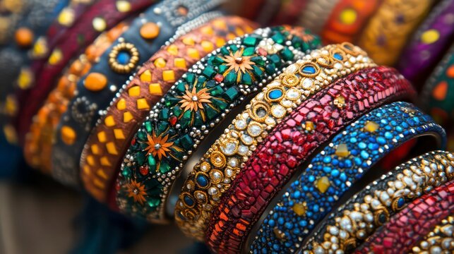 Colorful bangles with intricate designs and embellishments.