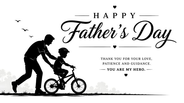 Father's Day Greeting: A father's silhouette guides his child on a bicycle, a heartwarming depiction of paternal love and a special Father's Day wish conveying gratitude and admiration.