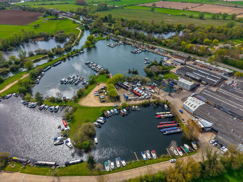 This is an aerial view of Oundle Marina on the River Nene in Northamptonshire, England