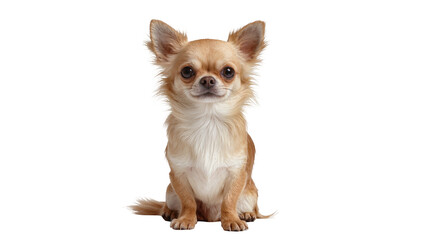 Isolated charming long-haired chihuahua dog with sweet expression sitting upright, lovely domestic animal. © Francisco