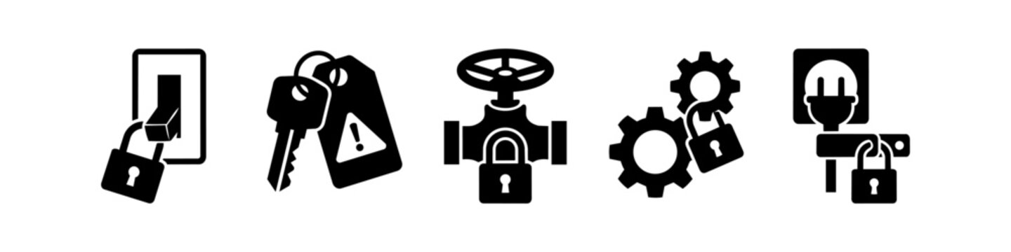 Set of black lockout tagout safety icons for industrial maintenance, featuring a locked switch, key with warning tag, locked valve, gears with lock, and electrical plug lock for energy isolation.