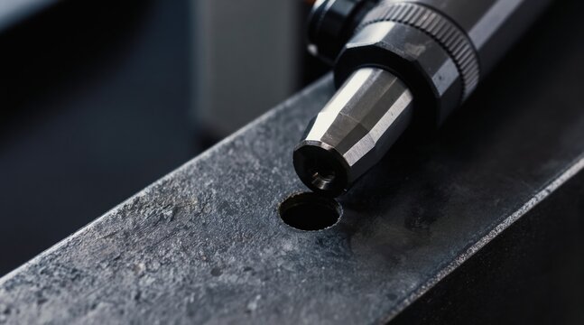 Metalworking tool precisely shapes hole. Countersink gauge measures depth on rough steel surface. Precision engineering in workshop. Industrial manufacturing detail.