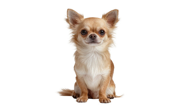 Isolated charming long-haired chihuahua dog with sweet expression sitting upright, lovely domestic animal.