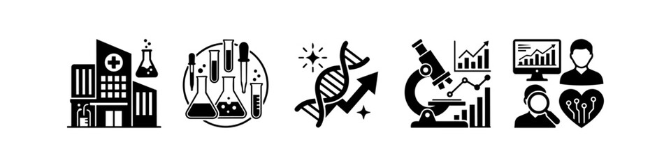 Fototapeta premium Set of black and white biotechnology and medical research icons including DNA, laboratory glassware, microscope, data analysis, and hospital symbols. Professional scientific concept illustrations.