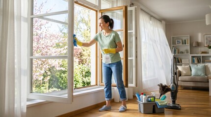 Fototapeta premium Woman cleaning window with spray bottle and cloth on a sunny spring day with blooming trees outside