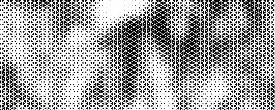 Abstract geometric halftone triangle pattern with soft beige and grey gradient wave effect for elegant background design.