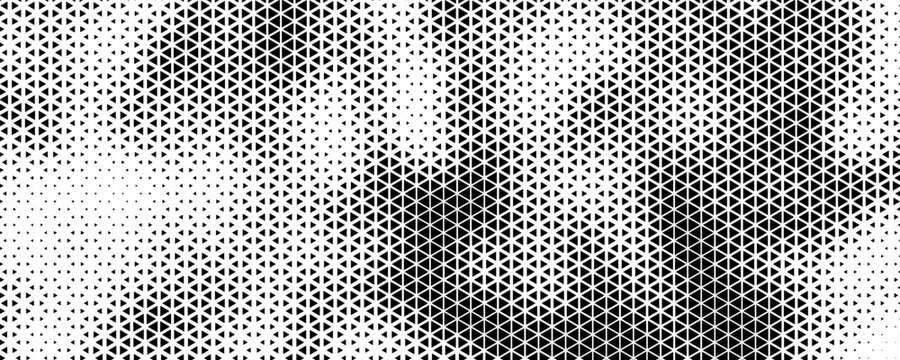 Abstract geometric halftone triangle pattern with soft beige and grey gradient wave effect for elegant background design.