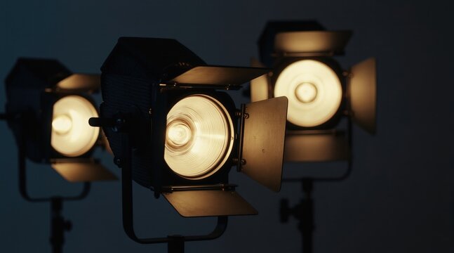 Three pro studio lights on tripods shine brightly. These lights are used for film production, photography sessions and stage performances. They create illumination for video.