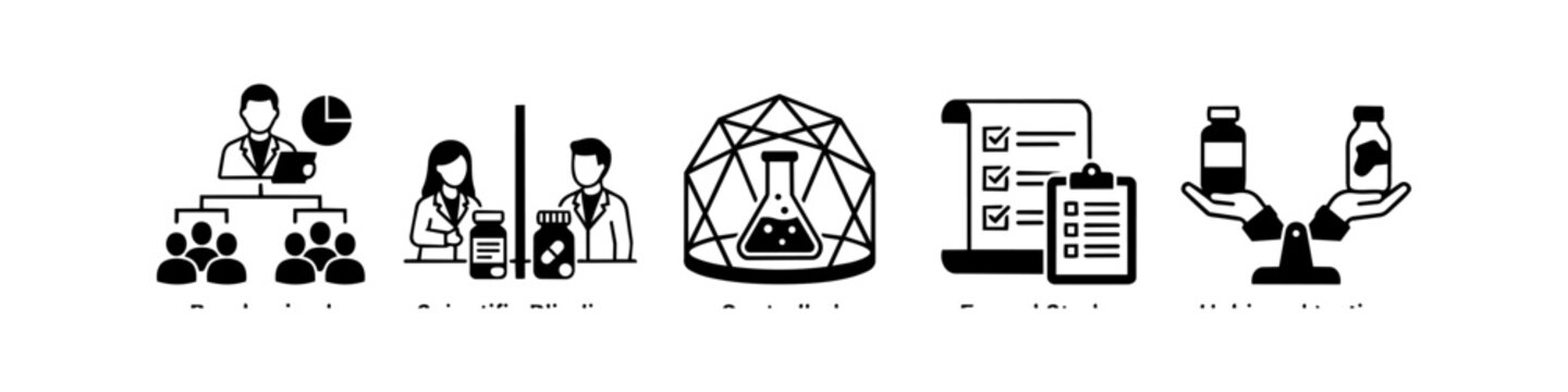 Set of clinical trial and scientific research icons featuring double-blind study, laboratory environment, protocols, and medical data analysis in a clean black and white vector style.