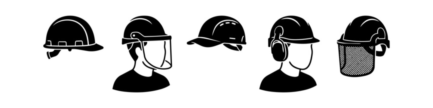 Set of black and white industrial safety icons featuring personal protective equipment like hard hats, face shields, and earmuffs for construction and workplace head protection.