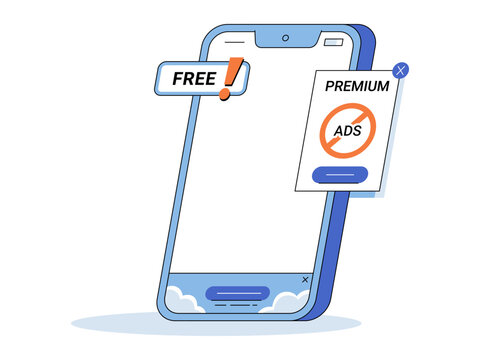 Smartphone with free and premium pop up windows vector illustration. App monetization, digital marketing, user experience, mobile ads, freemium model, software. Cellphone with membership alerts