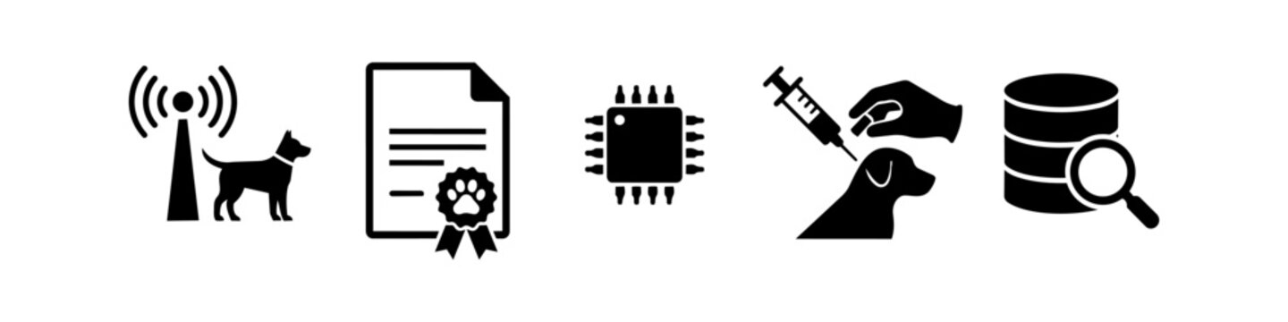 Set of black pet microchipping and identification icons including tracking signal, registration document, electronic chip, veterinarian implantation process, and searchable database.