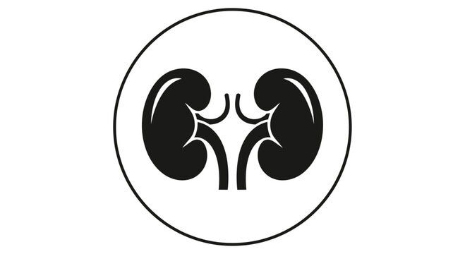 Black and white icon of human kidneys inside a circle, symbolizing health and medical care.