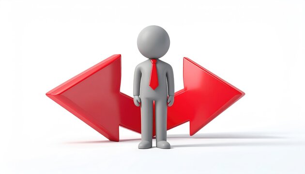 A stylized figure stands between two large red arrows pointing outward