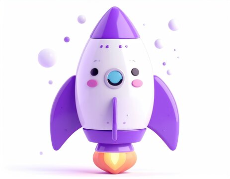Adorable cartoon rocket with purple accents, wide eyes, and smiling face