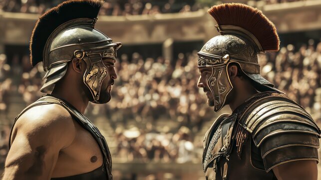 Two Roman gladiators in full armor face each other in an arena.