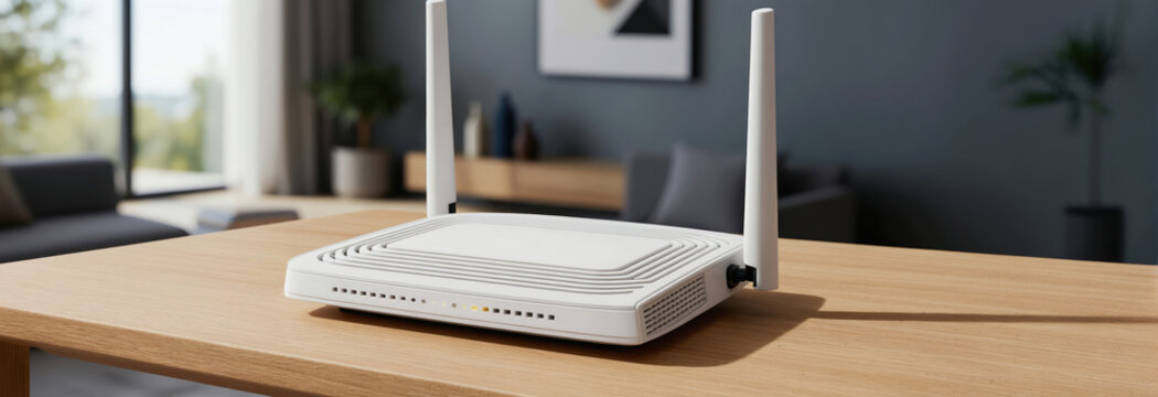 White wireless router with antennas sits on wooden table in modern living room. Device provides internet connection for home or office. Tech equipment for home network and digital life.