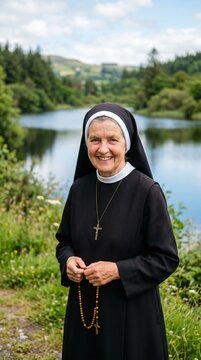 Portrait of a happy senior Catholic nun wearing a traditional habit and holding a rosary beads while standing in a beautiful natural landscape with a lake and green hills