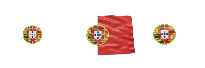 Fototapeta premium Set of Portugal National Flag Graphics, Including Waving Fabric Texture and Circular Emblem Designs, High-Quality Isolated PNG Assets for Patriotic Projects, International Events, and Travel Branding 