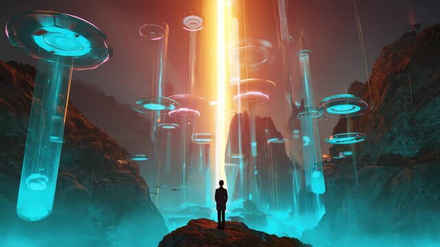 Futuristic sci-fi corridor with glowing energy beams and mysterious figure walking